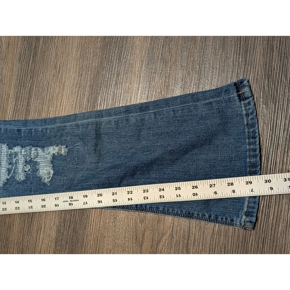 rue21 Womens Mid Rise Flare Jeans Blue Distressed Ripped Denim Size 0 RN70829